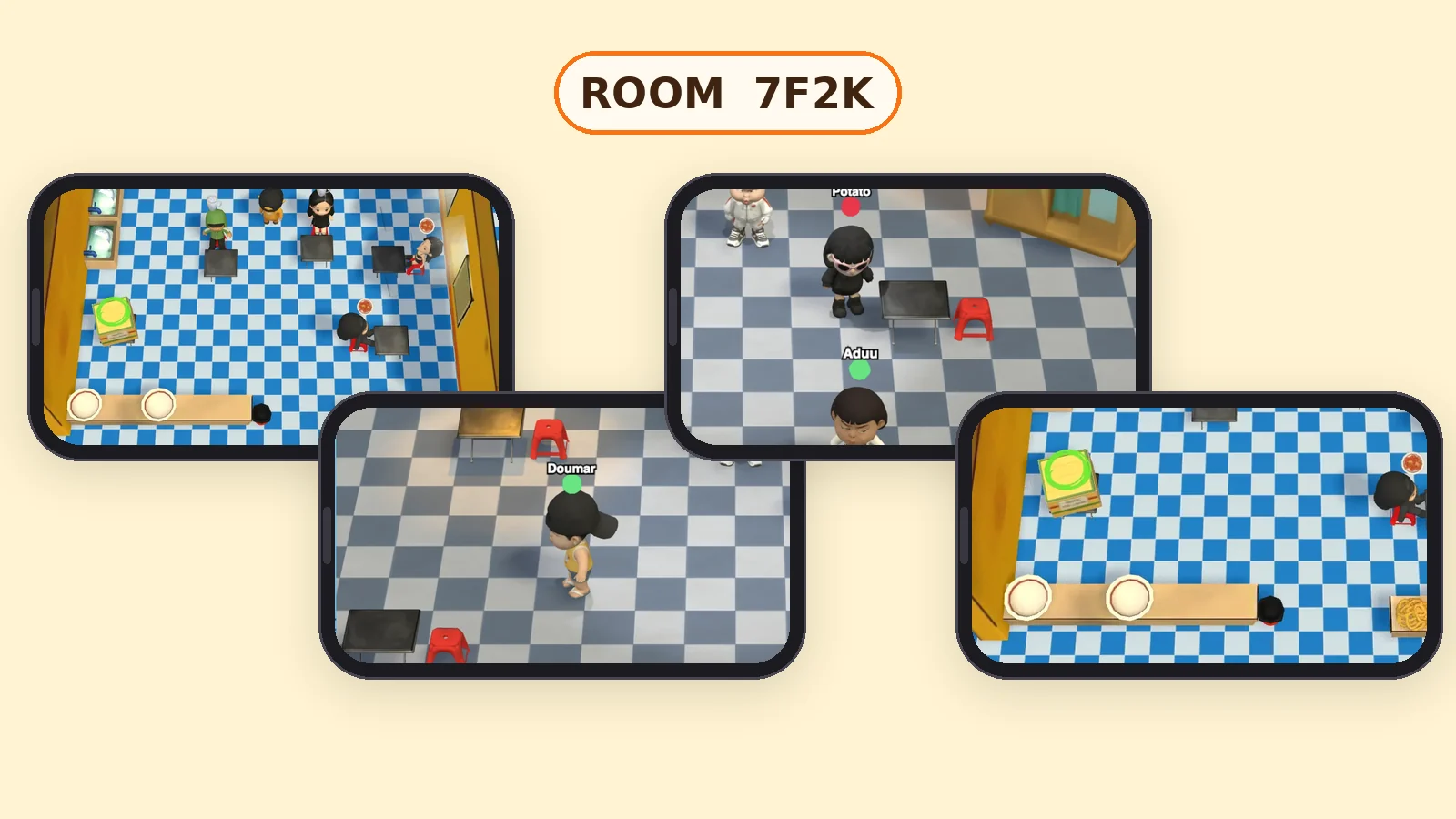 Four phones held sideways, each showing a different view of the same a Bit SaiGon room, under a room code.