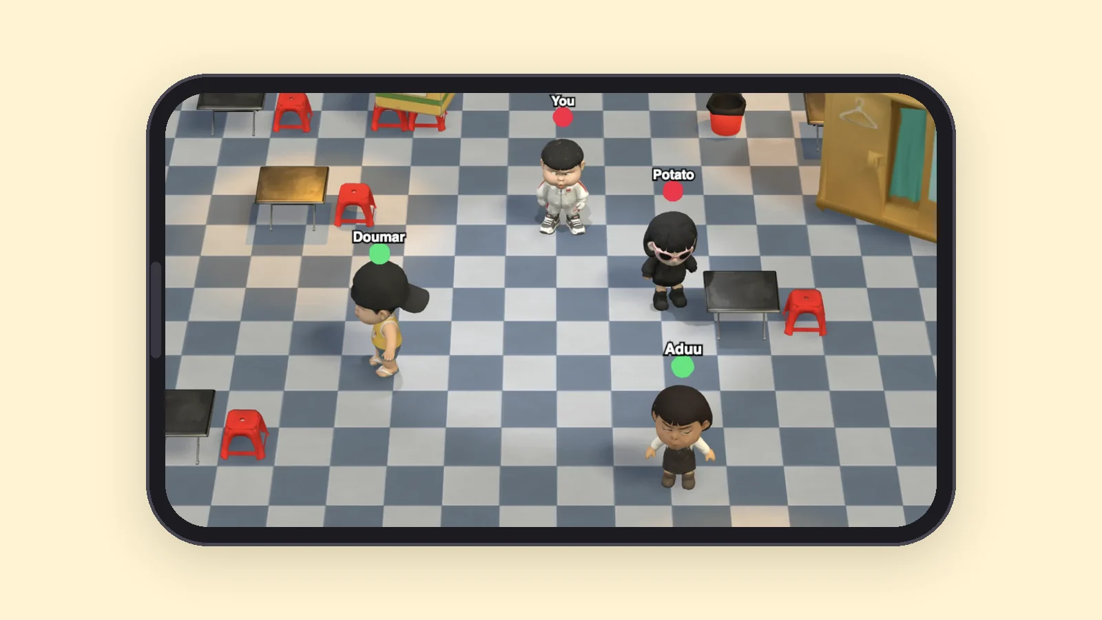 The a Bit SaiGon lobby on a phone held sideways, with four named characters standing around a tiled floor.